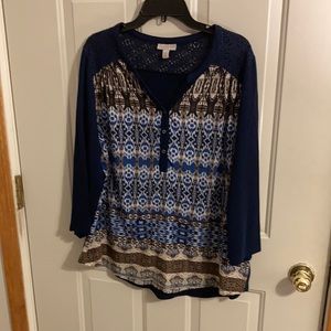 Navy w/lace printed front blouse